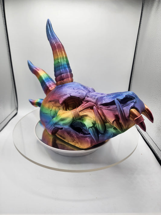 3D printed Dragon Skull printed in a rainbow filament.
